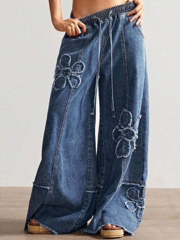 Floral Appliqué Wide Leg Jeans