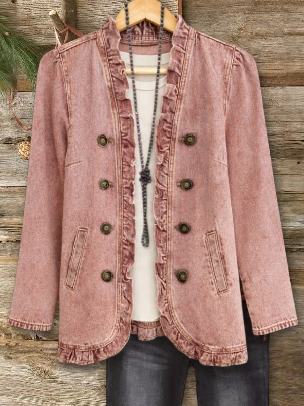 Washed Denim Ruffle Trim Jacket