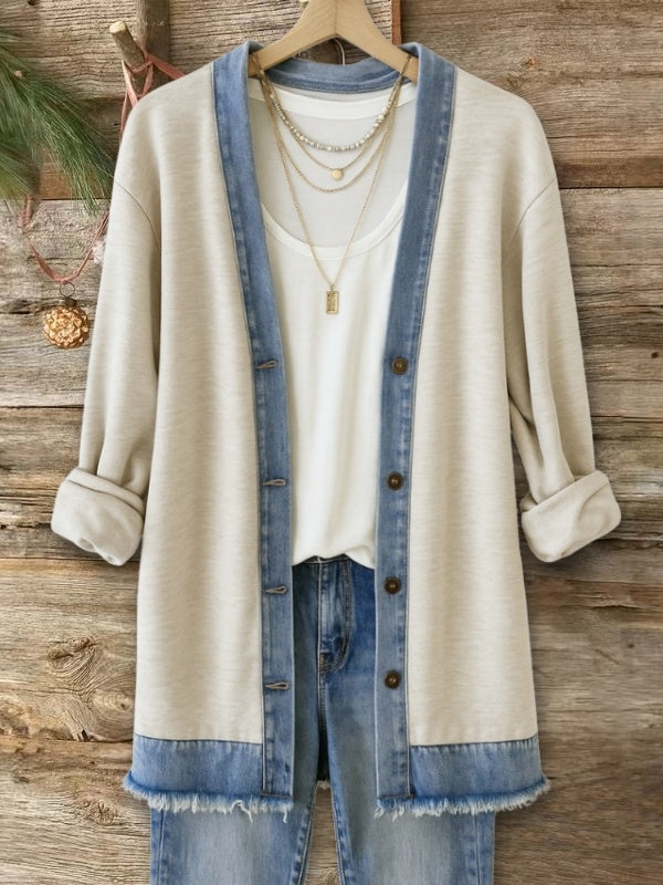 Denim Trim Longline Open Cardigan