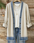Denim Trim Longline Open Cardigan