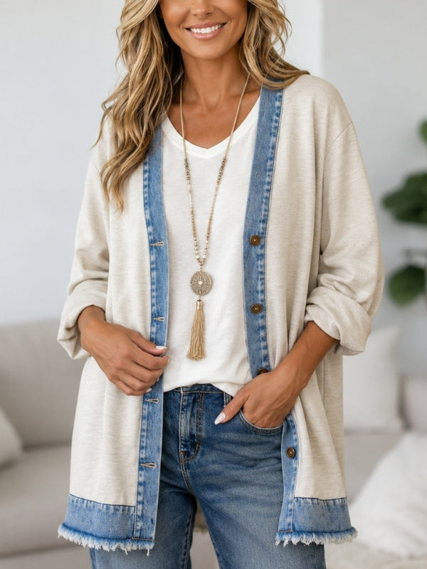 Denim Trim Longline Open Cardigan