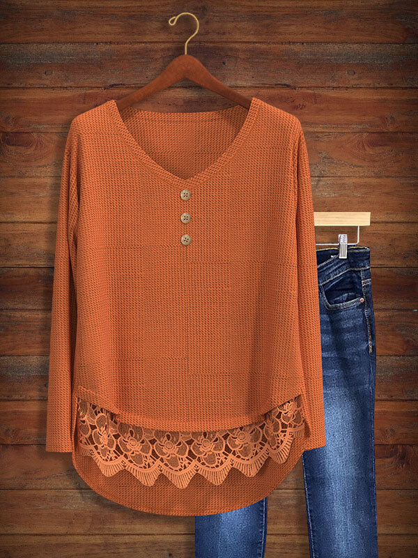Solid Waffle Lace Hem Panel Top