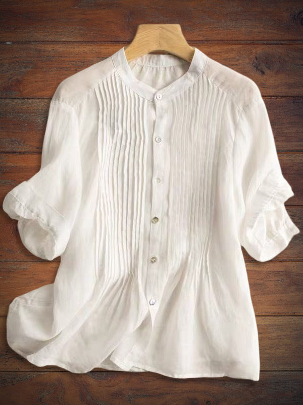 Cotton and Linen Comfortable Pleated Mid-Sleeve Shirt