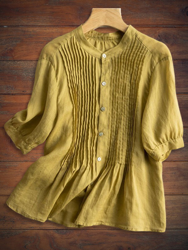 Cotton and Linen Comfortable Pleated Mid-Sleeve Shirt