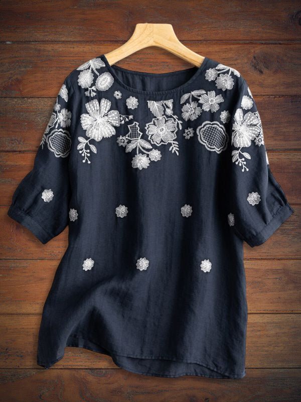 Loose Crew Neck Embroidered Pullover Top