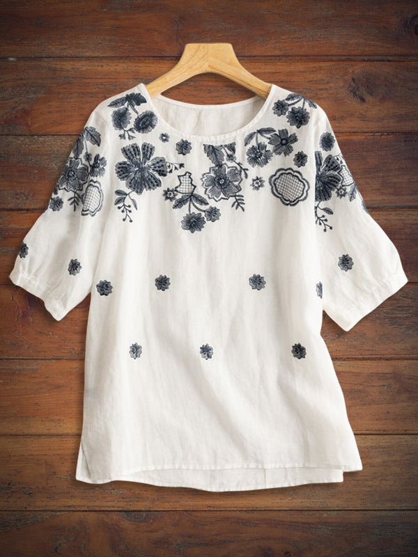 Loose Crew Neck Embroidered Pullover Top