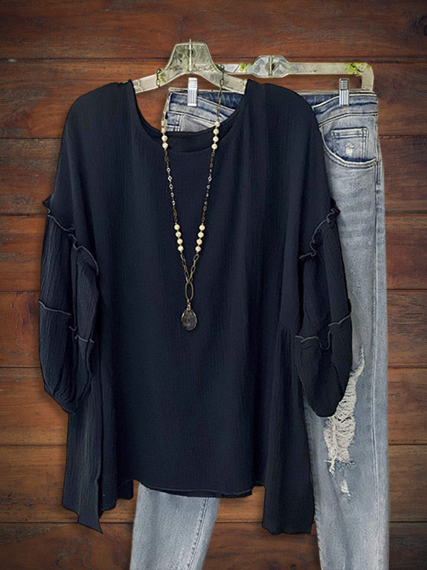 Loose Pleated Balloon Sleeve Crew Neck Top