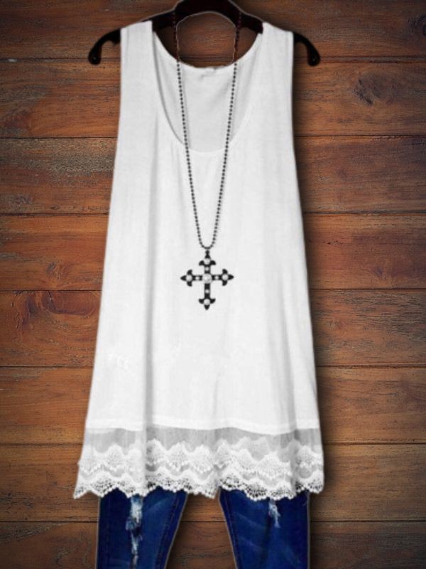 Solid Color Tank Top With Lace Hem