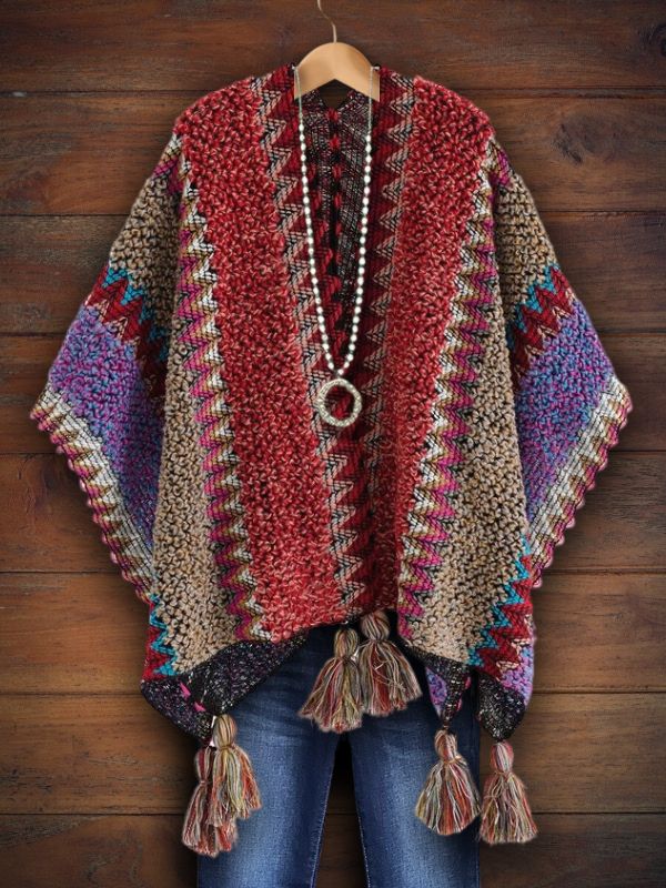 Boho Colorful Knit Shawl With Fringes
