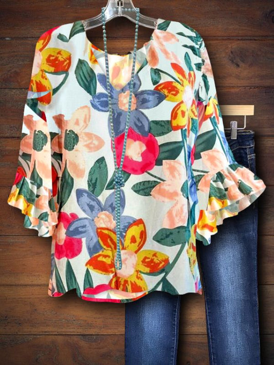 Trendy Floral Print Ruffle Top