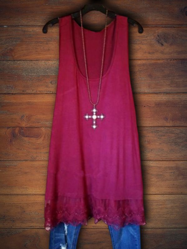 Solid Color Tank Top With Lace Hem