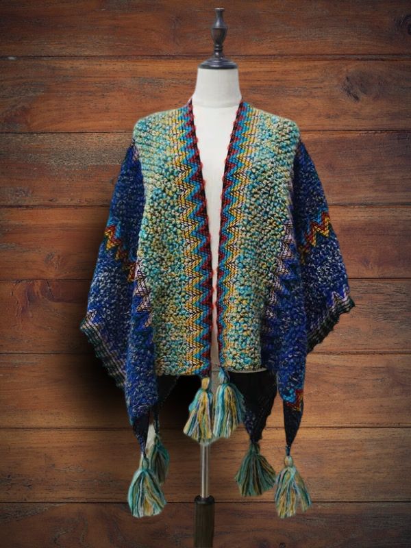 Boho Colorful Knit Shawl With Fringes