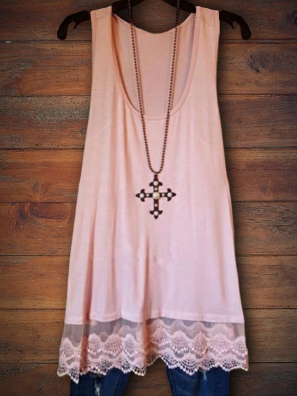 Solid Color Tank Top With Lace Hem