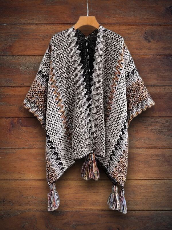 Boho Colorful Knit Shawl With Fringes