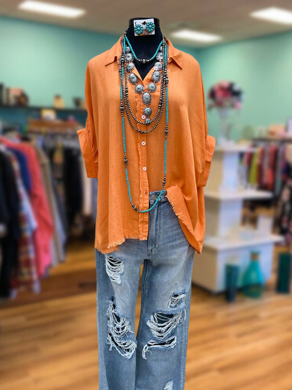 Linen Button Up Top in Orange