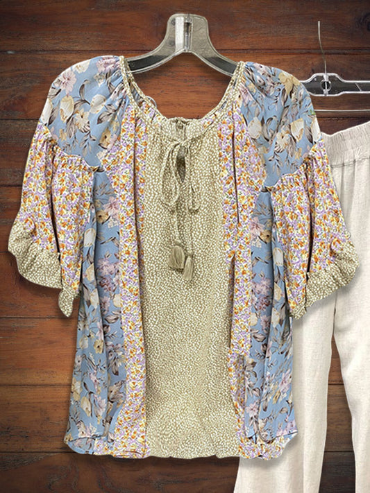 Floral Print Paneled Ruffled-Sleeve Tee