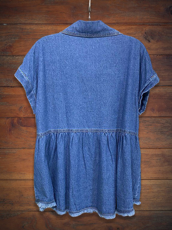 Ruffle Hem Button Up Denim Top