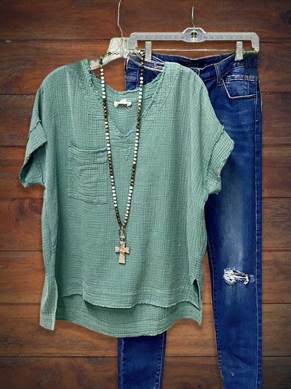 Casual Cotton And Linen Frayed Top