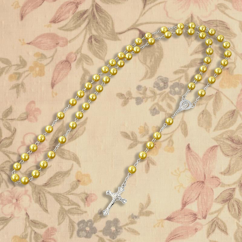 Faux Pearl Cross Rosary Long Necklace