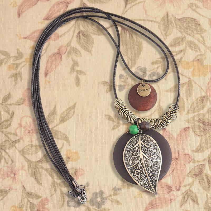 Alloy Ornament Pattern Leaf Pendant Long Necklace