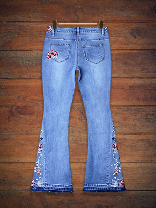 Boho Side Embroidered Denim Flare Jeans