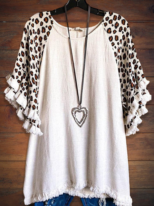 Ruffled Leopard Print Paneled Tee