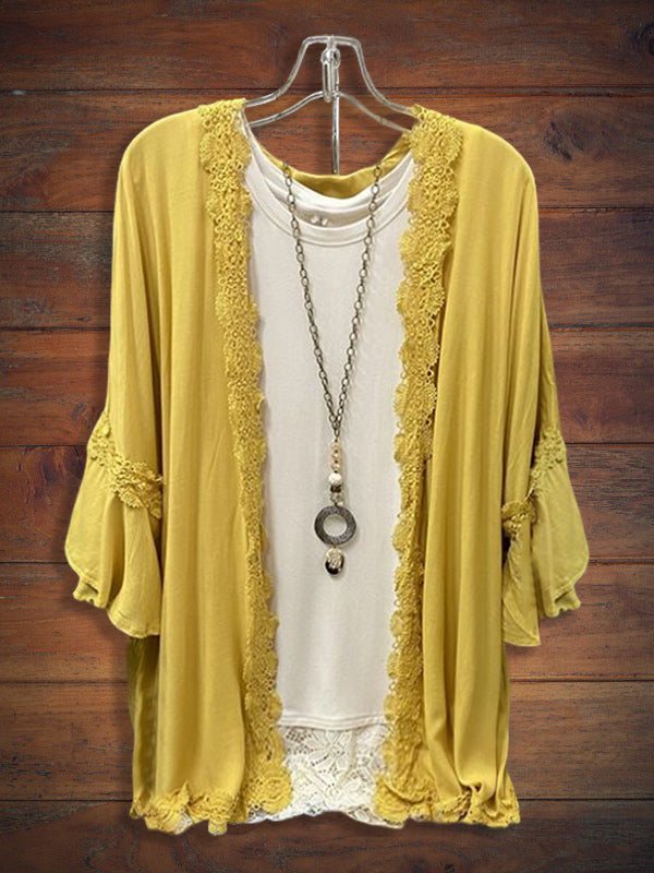 Ruffle 3/4 Sleeve Lace Trimmed Cardigan