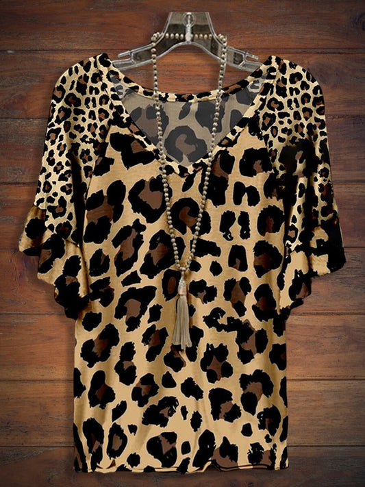 V Neck Leopard Print Ruffled Short Sleeve Tee