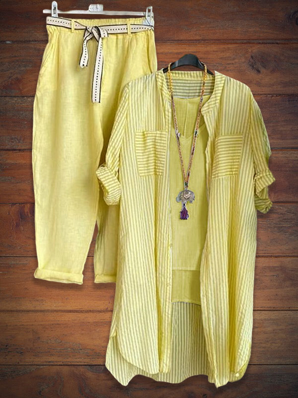 Vertical Striped Loose Casual Long Sleeve Three Piece Set