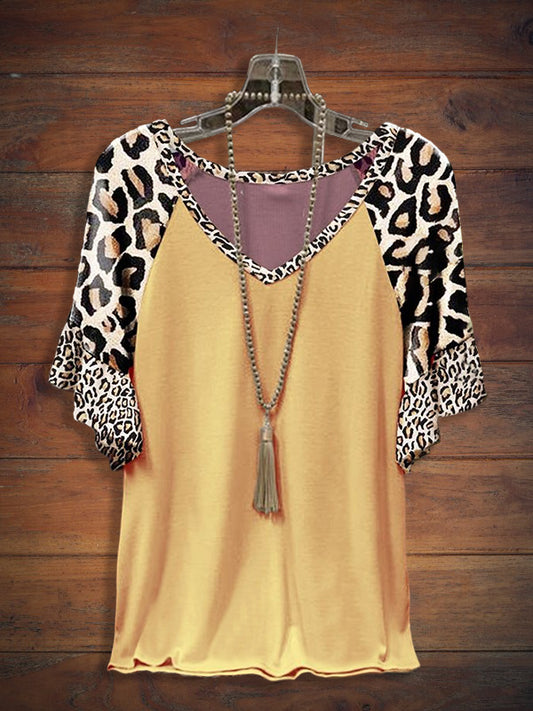 Fashion Patchwork Leopard Print Ruffled Short Sleeve Tee