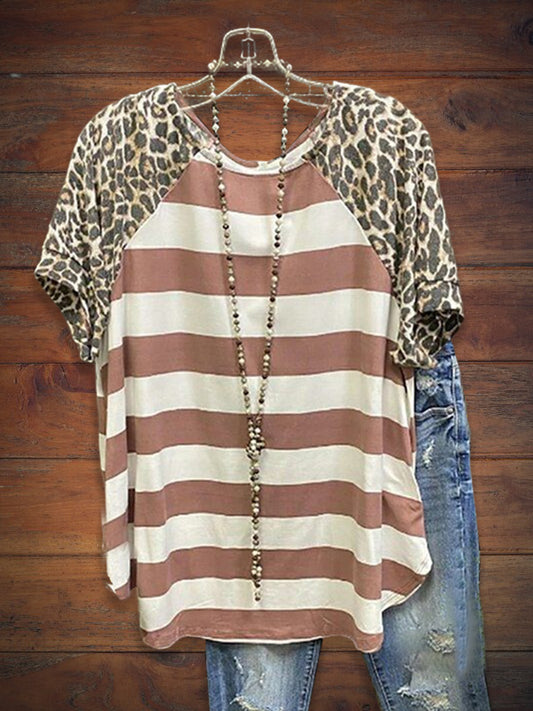 Leopard Print Short Sleeve Striped Panel Crew Neck Loose Tee