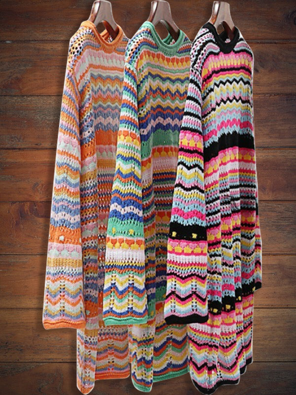 Rainbow Striped Pullover Mid Length Sweater