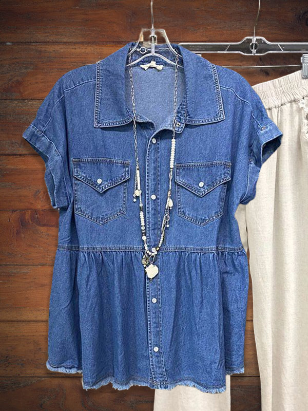 Ruffle Hem Button Up Denim Top