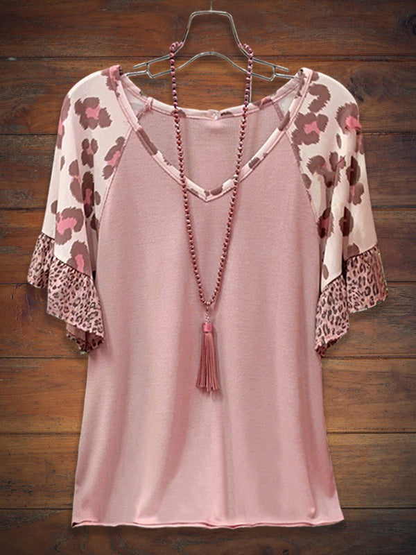 V-Neck Leopard Panel Casual Half Sleeve Tee