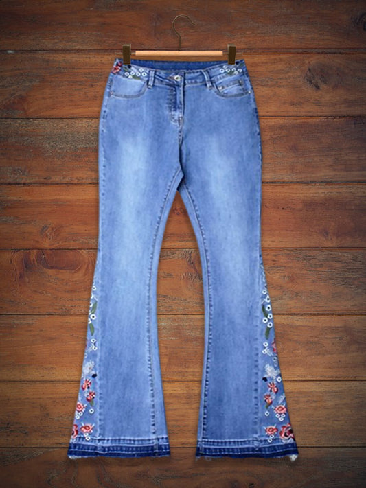 Boho Side Embroidered Denim Flare Jeans