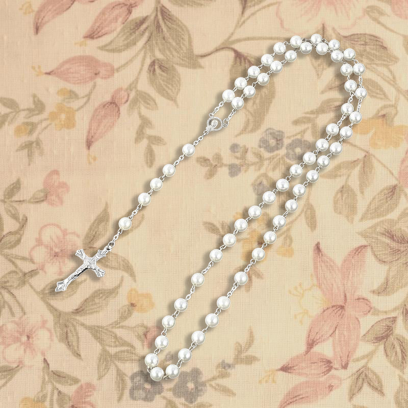 Faux Pearl Cross Rosary Long Necklace