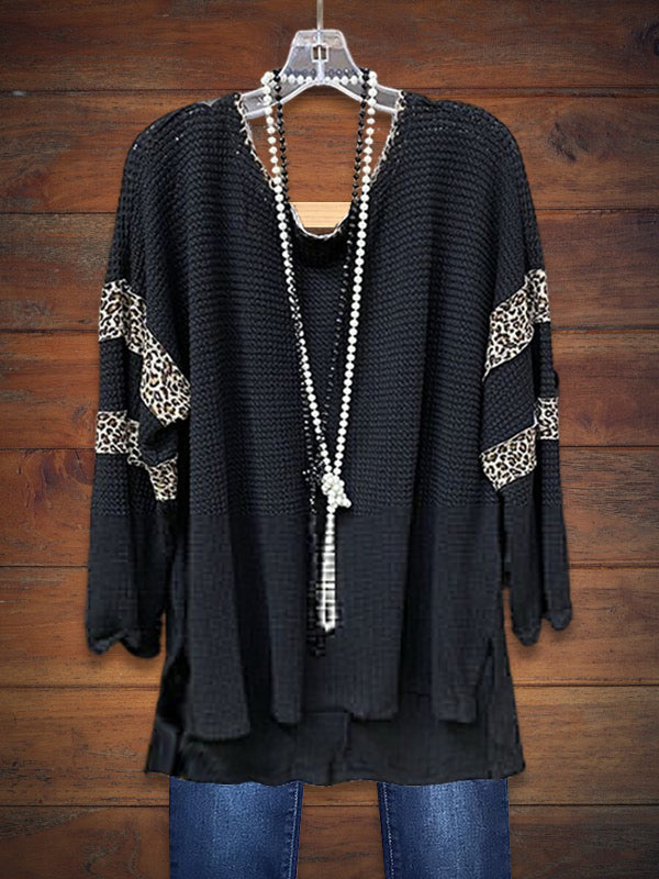 Leopard Print Waffle Knit Top With Long Dolman Sleeves