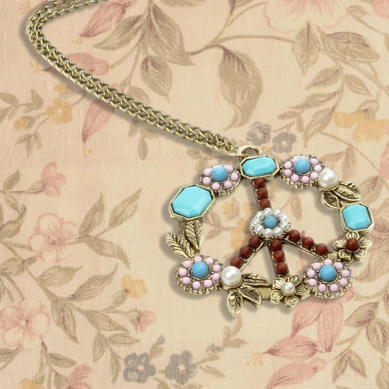 Turquoise Pearl Flower Peace Sign Necklace