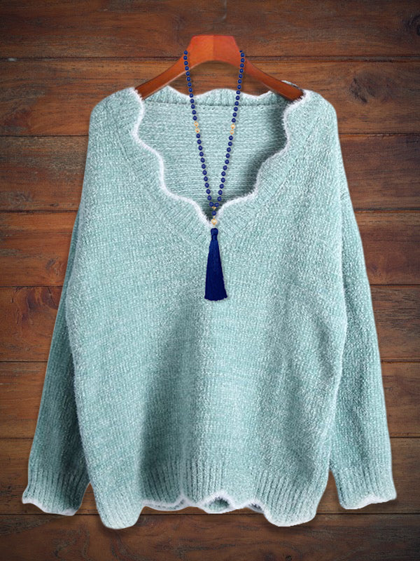 Casual V-Neck Solid Color Knit Sweater