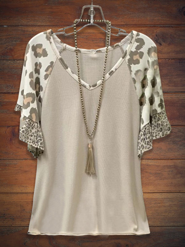 V-Neck Leopard Panel Casual Half Sleeve Tee