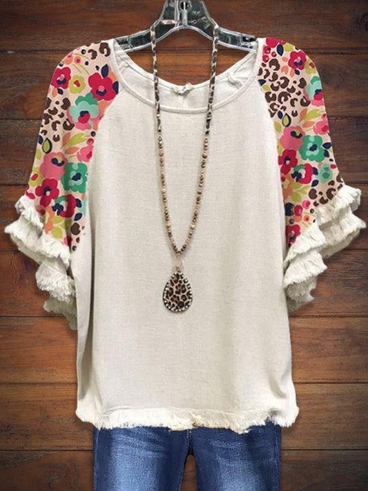 Ruffled Short-Sleeve Paneled Print Tee