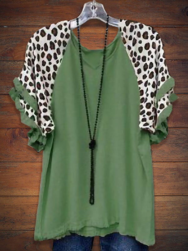 Ruffled Leopard Print Paneled Tee