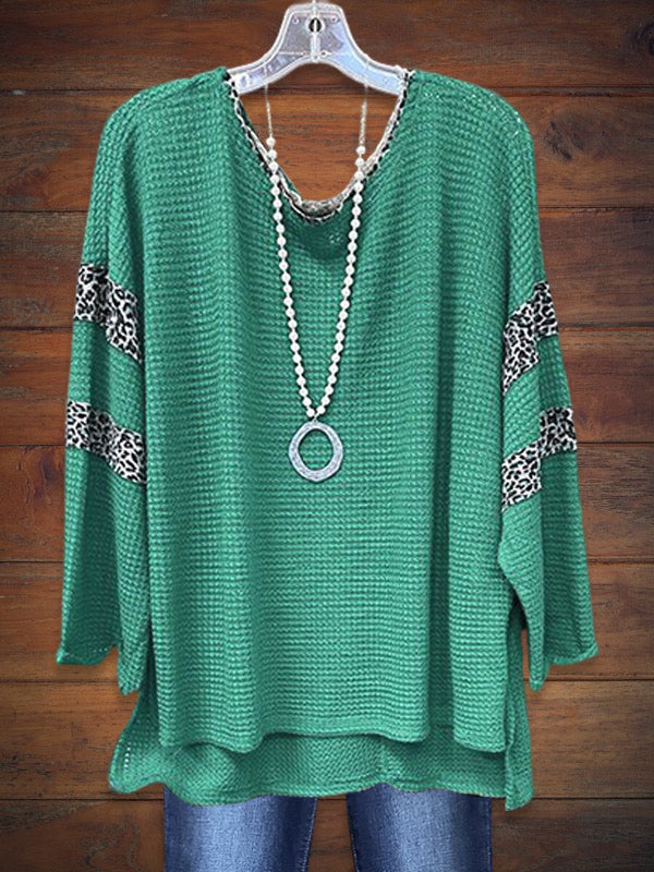 Leopard Print Waffle Knit Top With Long Dolman Sleeves