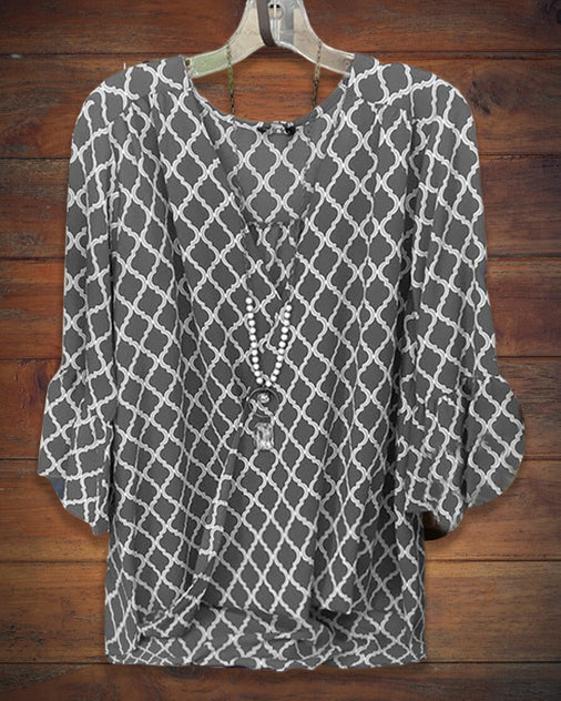 Grace Geometric Tassel Drawstring V Neck Blouse