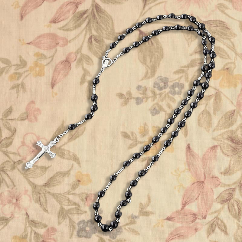 Faux Pearl Cross Rosary Long Necklace