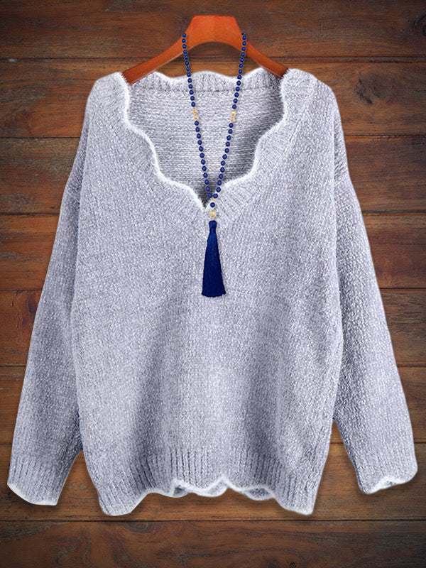 Casual V-Neck Solid Color Knit Sweater