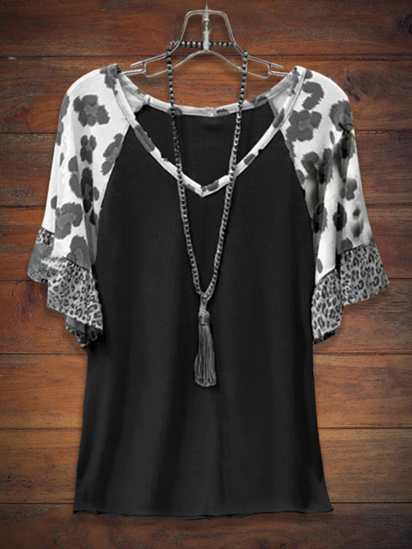 V-Neck Leopard Panel Casual Half Sleeve Tee