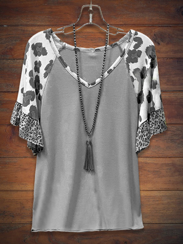 V-Neck Leopard Panel Casual Half Sleeve Tee